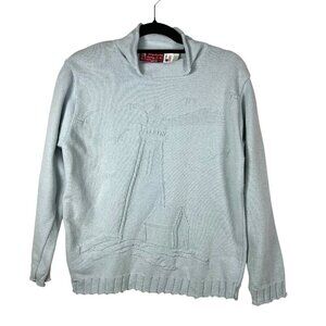 Vtg Binghamton Knitting Co Mock Neck Sweater Lighthouse Nautical USA Made blue M